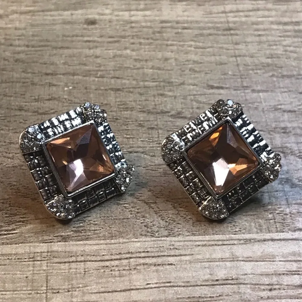 Vintage Silver Plated Gemstone Square Champagne Earrings
